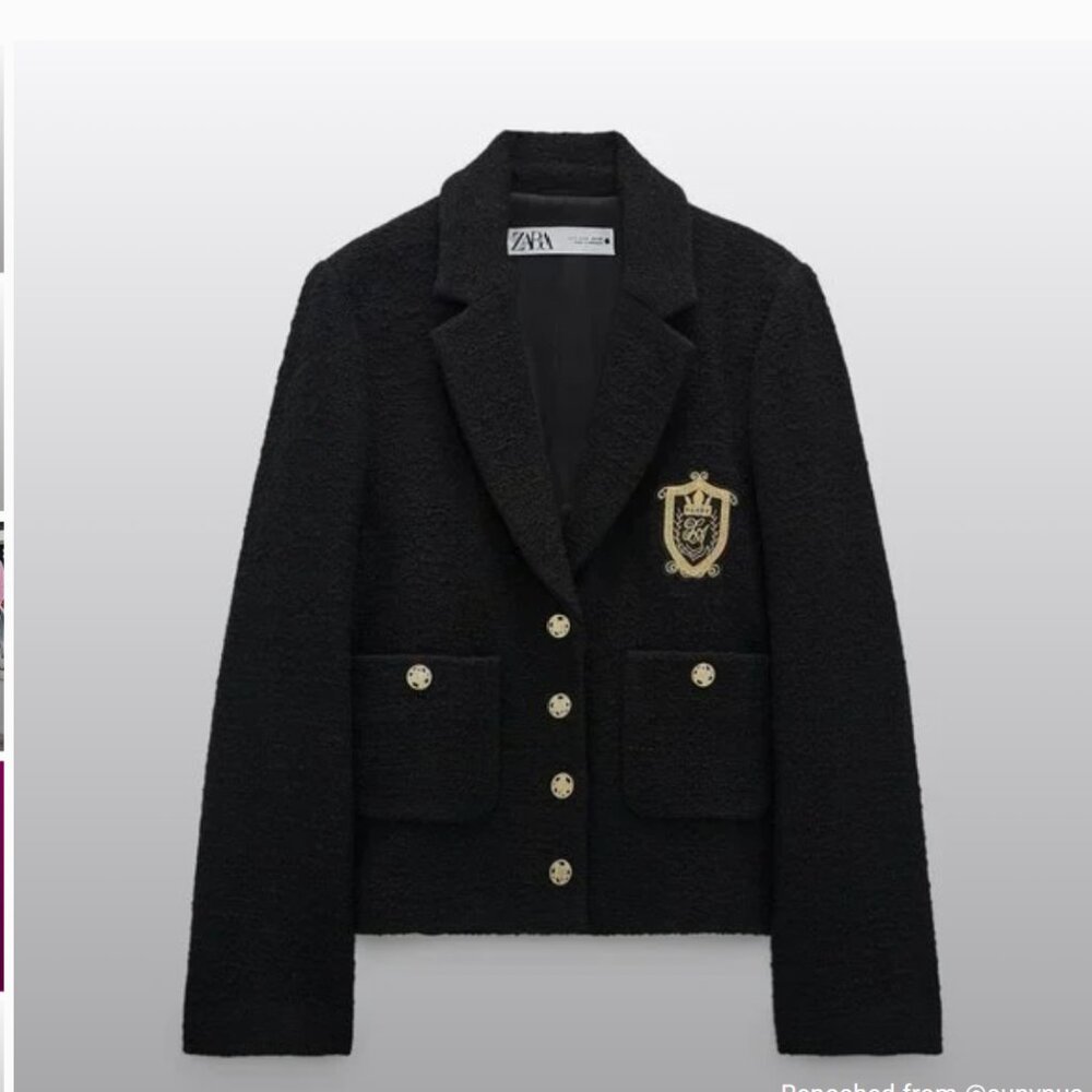 Nwot Zara Tweed Black Blazer Textured Patch Pocket Emblem Gold ButtonsCropped L - Picture 2 of 15